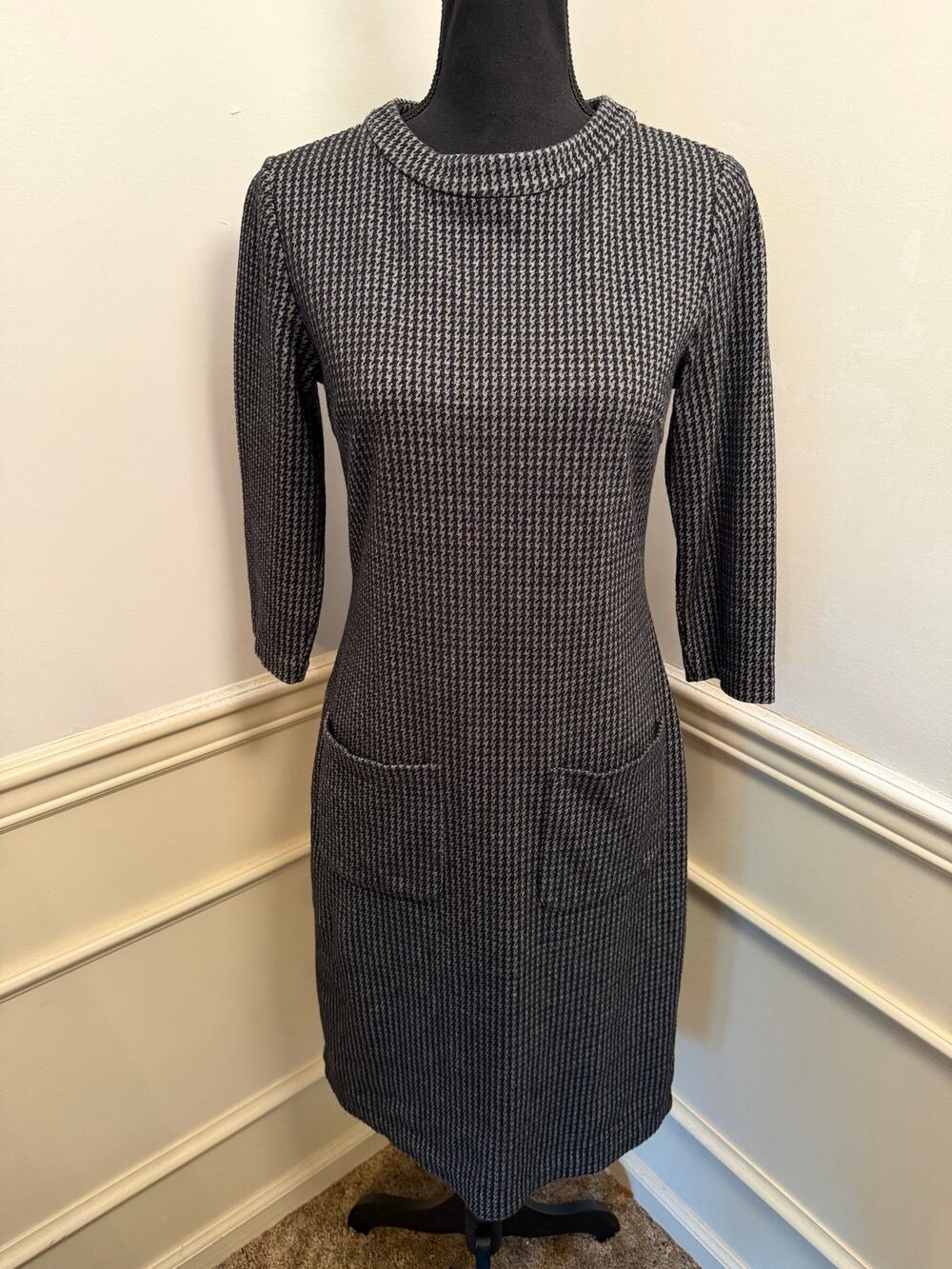 Boden Opal Houndstooth Dress Shift Sheath Pockets Knit Gray Black 3/4 Sleeve